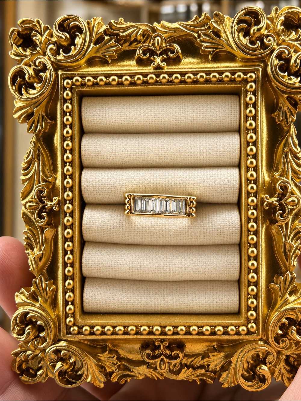18k electroplated Gold Baguette CZ Bar Ring - Elegant Clear Stones